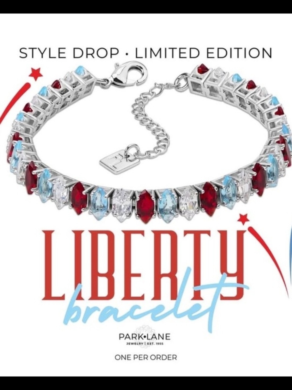 BNIB -Park Lane Liberty Bracelet Red, Light Blue & Clear Crystal Tennis Bracelet